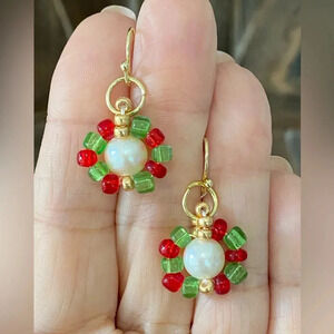 Handmade Real Freshwater Pearl & Seed Bead Christmas Holiday Earrings